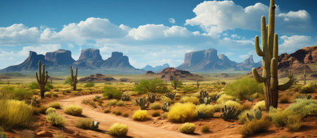 Panoramic view of desert landscape with cactuses and mountainsの素材