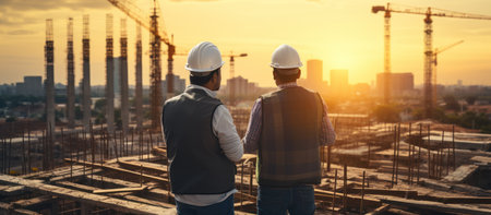 Engineer and architect working on building construction site with blueprint at sunsetの素材