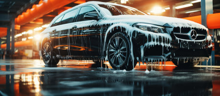 Car wash in car wash. Car wash concept. Car with foam and soap.の素材