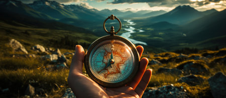 Compass in hand on the background of the mountains and the lake.の素材