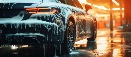 Car wash. Cleaning car with foam and water. Car wash.の素材