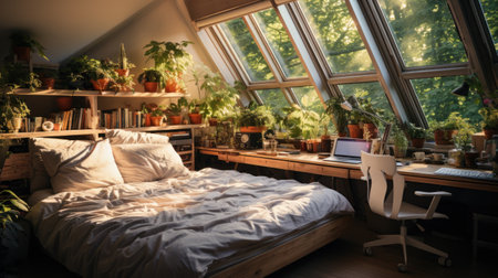 Interior of a cozy bedroom with a large window and a bedの素材