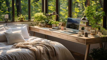 Wooden table with laptop, coffee cup and plants in cozy bedroomの素材