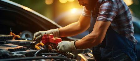 Auto mechanic working in auto repair service and checking car engine oil level.の素材