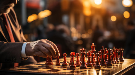 Close-up of a chess player playing chess on a wooden tableの素材