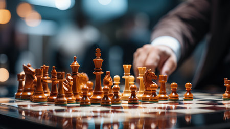 Close-up of chess pieces on a chessboard. Businessman playing chessの素材