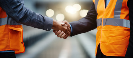 Close-up of two engineers shaking hands with each other at construction siteの素材
