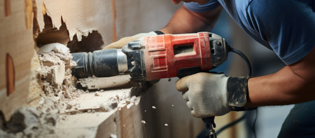 Carpenter drilling a hole in the wall with a power drillの素材