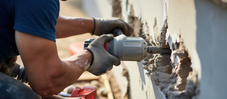 Worker using an electric drill to cut a wall with cement.の素材