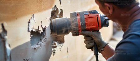 Worker using a power drill to cut a wall with a holeの素材