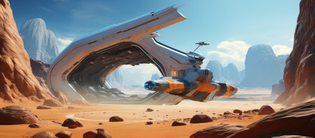 Fantasy alien planet. Flying saucer in the desert. 3D illustrationの素材