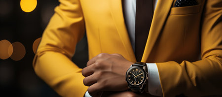 cropped view of african american businessman in yellow suit with wristwatchの素材