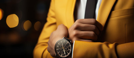 Close up of a man in a yellow suit holding a wristwatchの素材