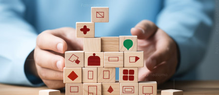 Conceptual image with icons on wooden cubes and man in backgroundの素材
