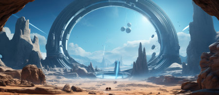 Fantasy alien planet. Mountain and lake. 3D illustration.の素材