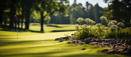 Golf course with sand and green grass in beautiful summer evening lightの素材