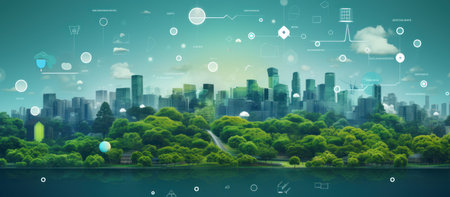 Modern cityscape with green trees and skyscrapers. 3D renderingの素材