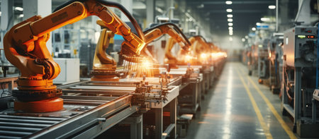 Automated production line in factory. Industrial robot arm working on assembly line in factoryの素材