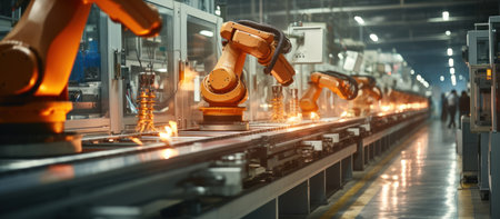 Smart industry robot arms for digital factory production line. Concept of artificial intelligence for industrial revolution and automation manufacturing process.の素材