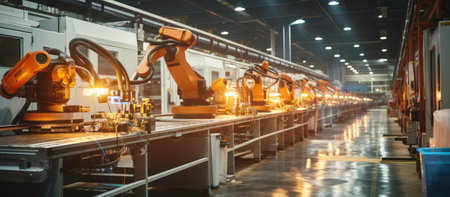 Production line of the industrial robot arm factory. Smart industry 4.0 conceptの素材