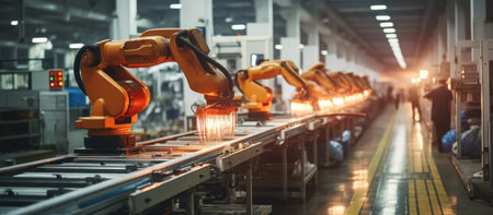 Smart industry robot arms for digital factory production line. Concept of artificial intelligence for industrial revolution and automation manufacturing process.の素材