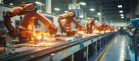 Smart industry robot arms for digital factory production line. Concept of artificial intelligence for industrial revolution and automation manufacturing process.の素材