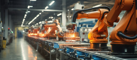 Smart industry robot arms for digital factory production line. Concept of artificial intelligence for industrial revolution and automation manufacturing process.の素材