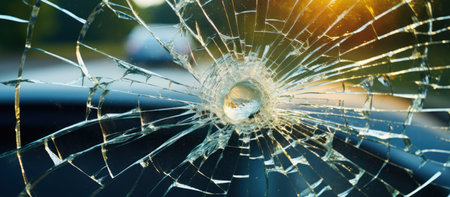 Broken windshield on a car in the city, close-upの素材