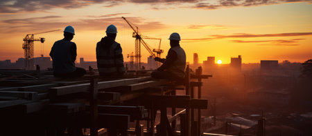 Silhouette of engineer and architect on construction site with sunset backgroundの素材