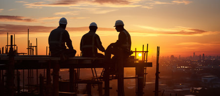 silhouette of engineer and worker on construction site with sunset backgroundの素材