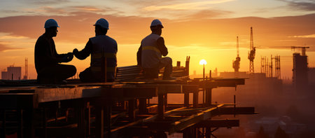 Silhouette of Engineer and Architect working on construction site at sunsetの素材