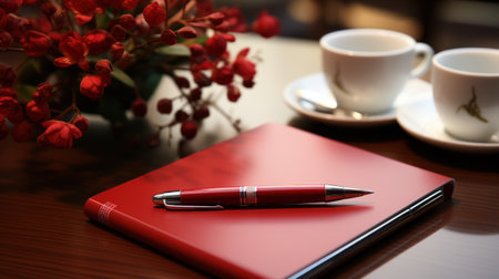 Notebook with pen and coffee cup on wooden table, stock photoの素材