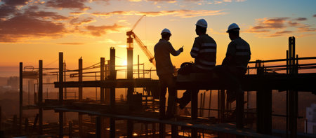 silhouette of engineer and worker on construction site at sunset backgroundの素材