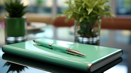 Green notebook and pen on the table in office, close-upの素材
