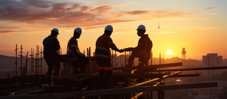 silhouette of engineer and worker on construction site with sunset backgroundの素材