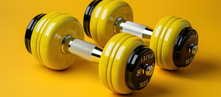 Yellow dumbbells on a yellow background. 3d rendering.の素材