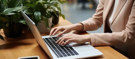Cropped shot of businesswoman typing on laptop keyboard while sitting at table in cafeの素材