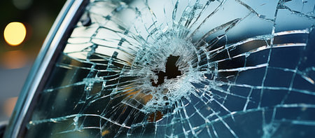 Close-up view of a broken car windshield with a hole in itの素材