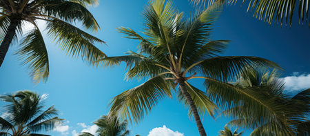Palm trees against the blue sky. Tropical background. Coconut palm tree.の素材