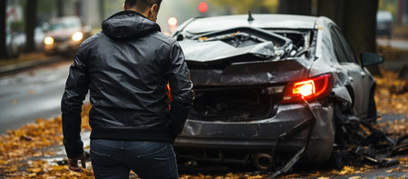 A man in a black jacket stands next to a broken car.の素材