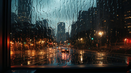 Raindrops on the window of a car, abstract cityscape backgroundの素材