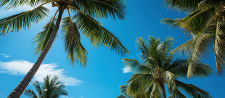 Coconut palm trees on blue sky background. Tropical nature backgroundの素材