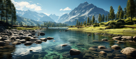 panoramic view of alpine lake in the swiss alpsの素材