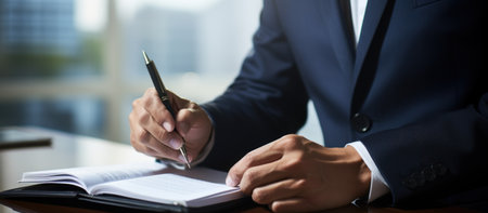 Businessman signing contract in office. Close-up of male hands holding pen and making notes.の素材