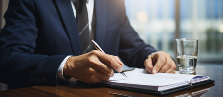 Businessman writing in a notebook at a table in the office.の素材