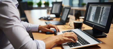 Close-up of male hands typing on computer keyboard in modern officeの素材