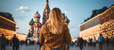 A young woman in a beige coat on the background of St. Basil's Cathedral in Moscow.の素材