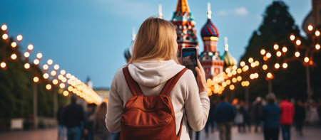 Young woman tourist with mobile phone taking photo of St. Basil's Cathedral in Moscow, Russiaの素材