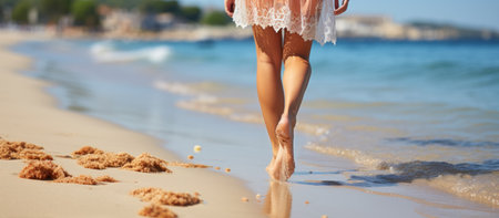 Young woman walking barefoot on the sandy beach. Close-up.の素材