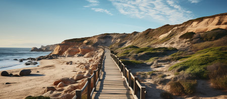 Wooden walkway in the sand dunes on the beach.の素材